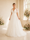 ChicSew Classy Elegant V-Neck Short Sleeves Lace Tulle A-Line Maxi Wedding Dress