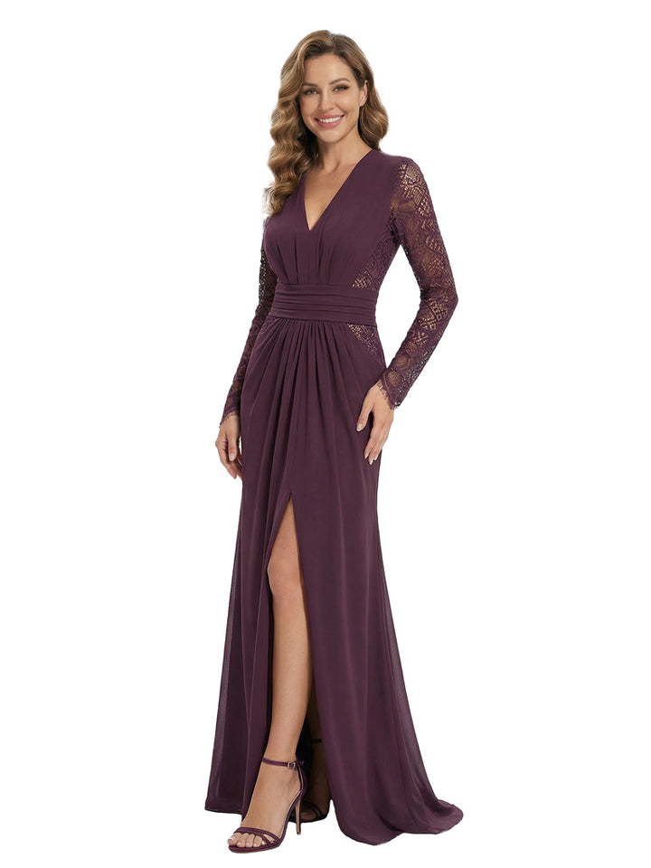 Unique V-neck Long Sleeves Chiffon A-Line Mother Of The Bride Dress With Illusion Lace Cutouts