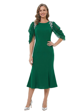 ChicSew Puff Sleeve Round Neck Beaded Tea-Length Mother Of The Bride Dresses Trendy Fit