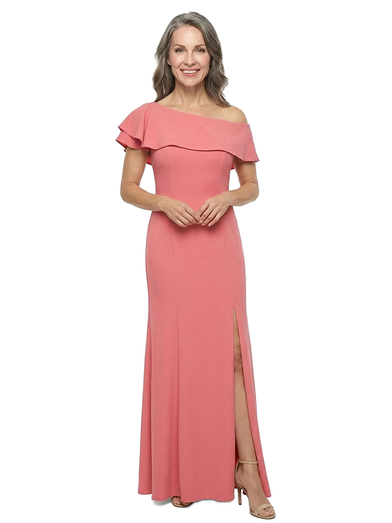 ChicSew Modern Ruffled Asymmetrical Neckline Jersey Mother Of The Bride Gown Floor Length Sheath Dress