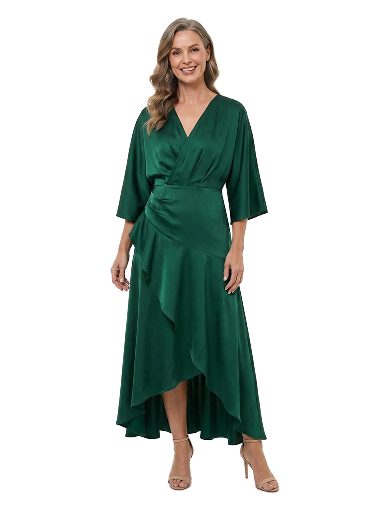 ChicSew V-Neck 3/4 Sleeve Satin High Low Hem Mother of the Bride Dress With Asymmetrical Ruffle