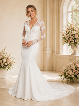 ChicSew Beautiful V-Neck Long Sleeve Crepe Mermaid Foor-Length Wedding Dress