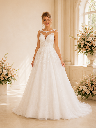 ChicSew Elegant Illusion Sleeveless A-Line Glitter Tulle Long Wedding Dresses With Lace Appliques