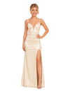 ChicSew V-Neck Spaghetti Straps Ruched Mermaid Floor Length Satin Bridesmaid Dresses