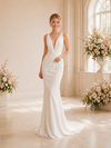 ChicSew Elegant Fancy Deep V-Neck Ruched Crepe Mermaid Maxi Long Wedding Dresses