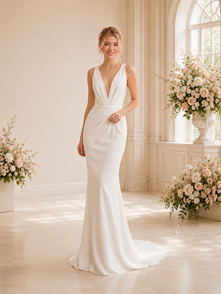 ChicSew Elegant Fancy Deep V-Neck Ruched Crepe Mermaid Maxi Long Wedding Dresses