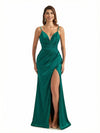 Sexy Mermaid Ruched Silky Satin Maxi Formal Evening Dresses For Women Spaghetti Straps Side Slit