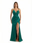 Sexy Mermaid Ruched Silky Satin Maxi Formal Evening Dresses For Women Spaghetti Straps Side Slit