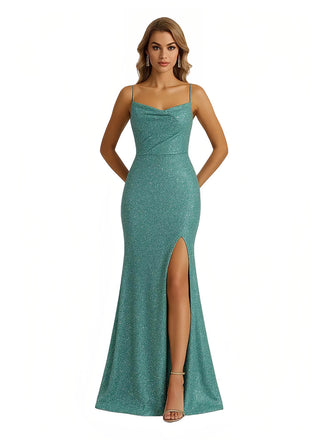 Shiny Spaghetti Straps Mermaid Glitter Jersey Long Formal Dresses For Women