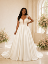 ChicSew Classy V-Neck A-Line Long Tulle Sleeves Satin Maxi Wedding Dress With Lace Applique