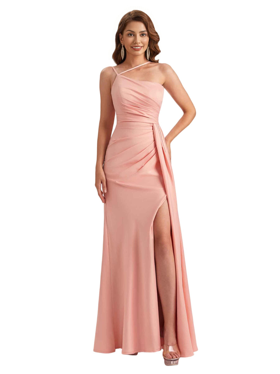 Elegant Asymmetric Spaghetti Straps Silky Satin Mermaid Side Slit Long Bridesmaid Dresses