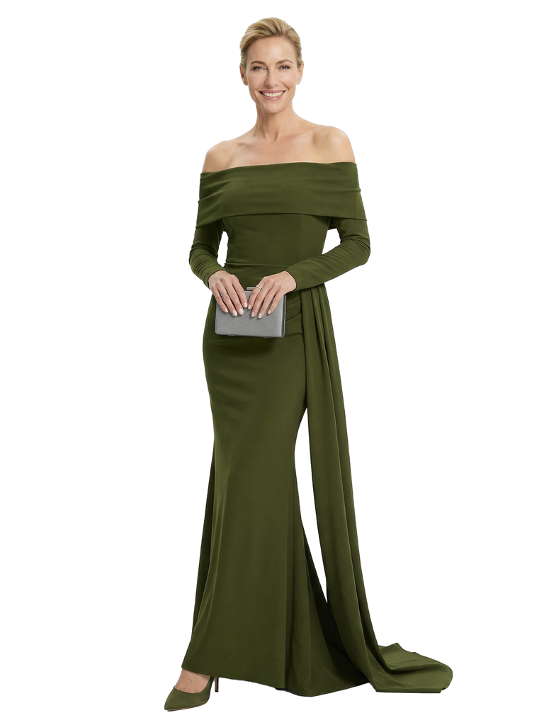 Chicsew Mother of The Groom Dress Off Shoulder Long Sleeve Trumpet Maxi Gown with Train Classy Silhouette