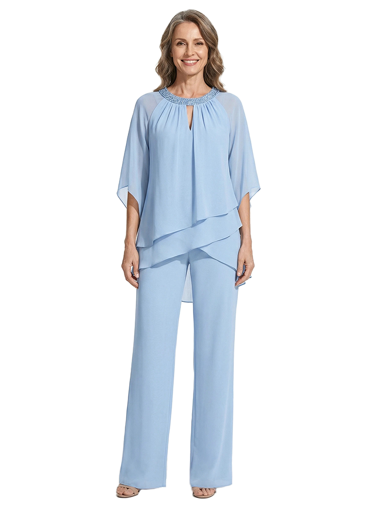 ChicSew Round Neck Chiffon Mother of The Bride Two Piece Jumpsuit with Beaded Neckline Cape Sleeves Formal Wedding Attire