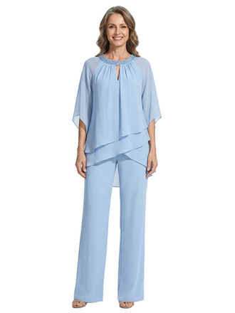 ChicSew Round Neck Chiffon Mother of The Bride Two Piece Jumpsuit with Beaded Neckline Cape Sleeves Formal Wedding Attire