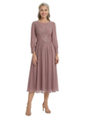 ChicSew Classy A-Line Chiffon Tea-Length Mother Of The Bride Dress With Long Sleeves Lace Applique