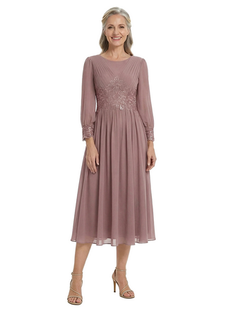ChicSew Classy A-Line Chiffon Tea-Length Mother Of The Bride Dress With Long Sleeves Lace Applique