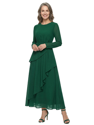 ChicSew Jewel Long Sleeve Asymmetrical Ruffle Hem Chiffon Tea Length Mother of the Bride Dresses