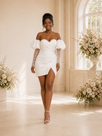 ChicSew Mondern Sweetheart Puff Sleeves Sheath Satin Mini-Length Wedding Dress