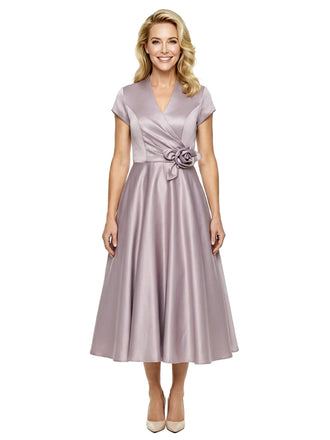 Simple V-Neck Short Sleeves Satin Tea-Length A-Line Mother Of The Bride Dresses