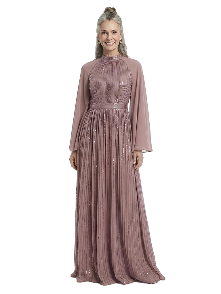 ChicSew High-Neck A-Line Chiffon Sequin Mother Of The Bride Dresses With Long Sleeves Floor-Length
