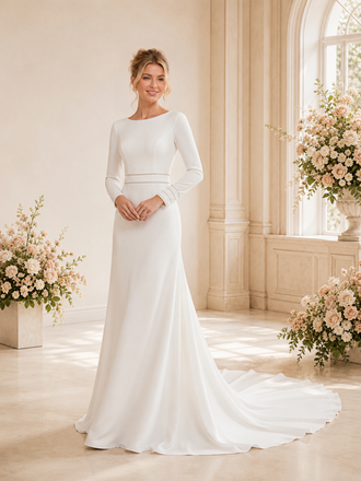ChicSew Elegant Jewel Crepe Long Sleeves Mermaid Maxi Wedding Dress With Long Train