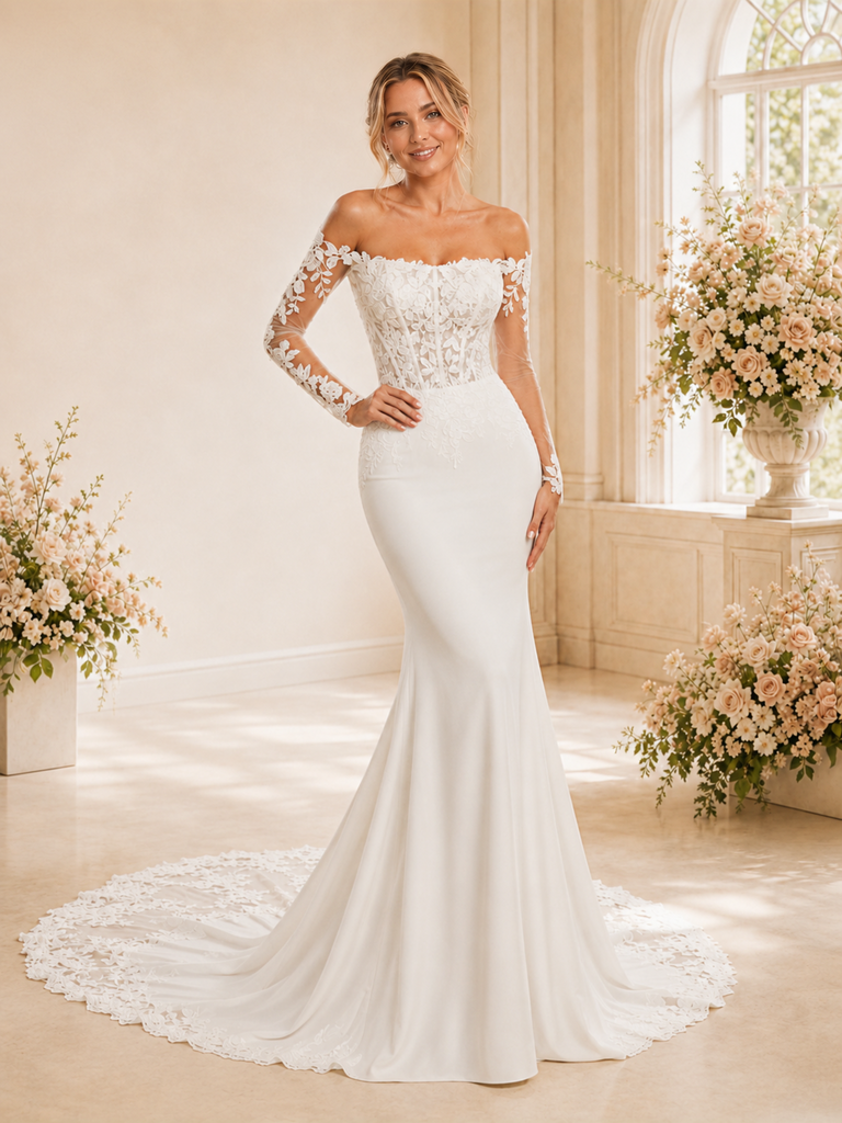 ChicSew Fancy Lace Applique Boning Long Sleeves Mermaid Crepe Maxi Wedding Dress
