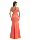 Elegant Cap Sleeves V-Neck Silky Satin Mermaid Long Formal Dresses Side Slit With Waist Drape