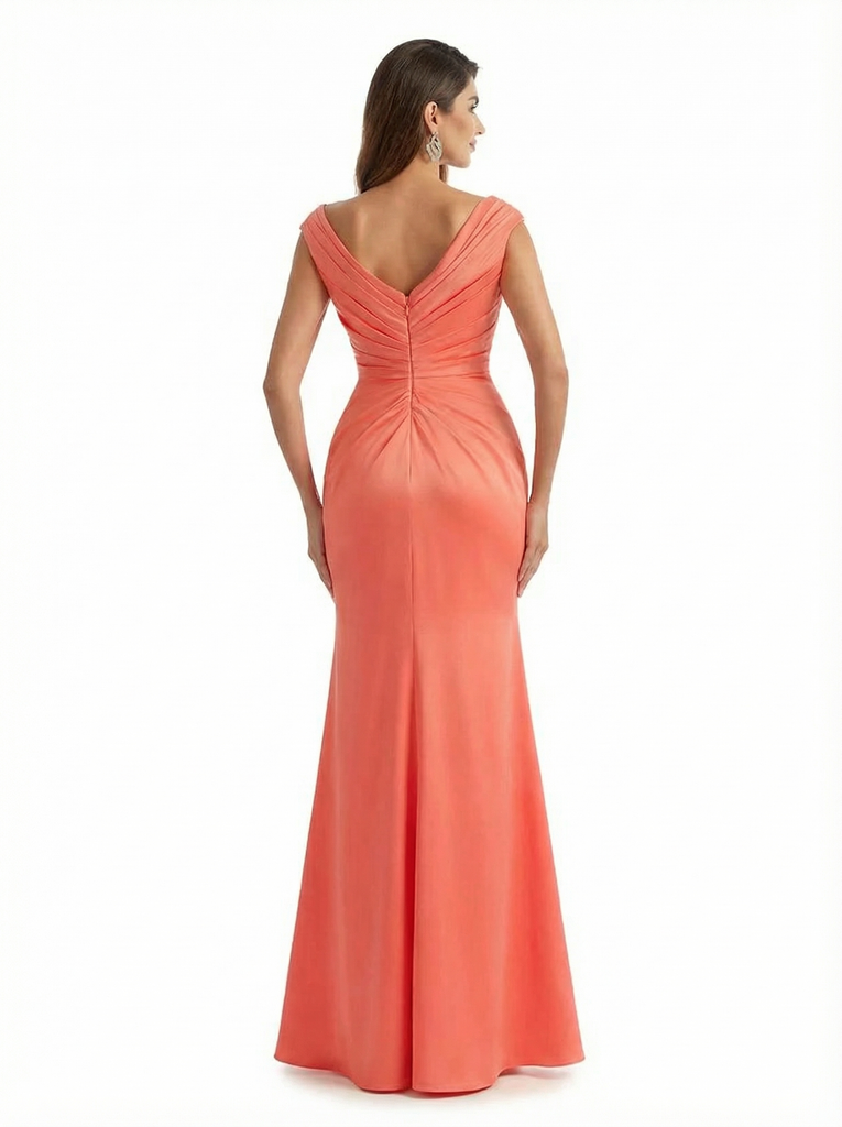 Elegant Cap Sleeves V-Neck Silky Satin Mermaid Long Formal Dresses Side Slit With Waist Drape