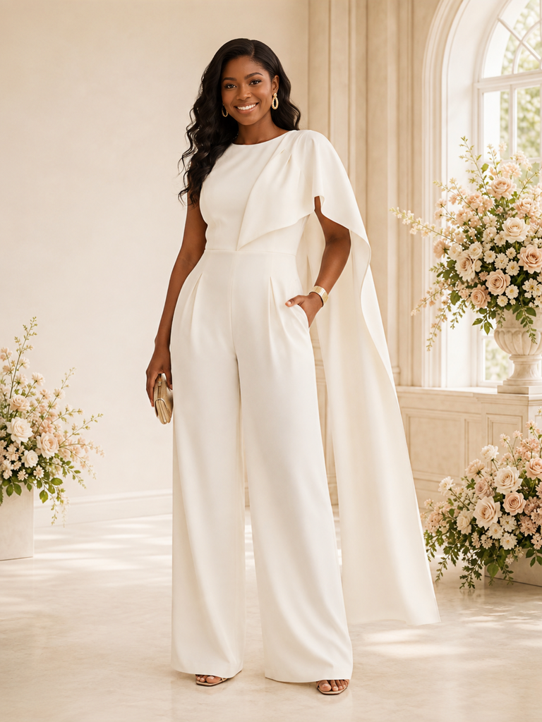 ChicSew Elegant Unique Cape Sleeve Floor-Length Wedding Jumpsuit With Pocket