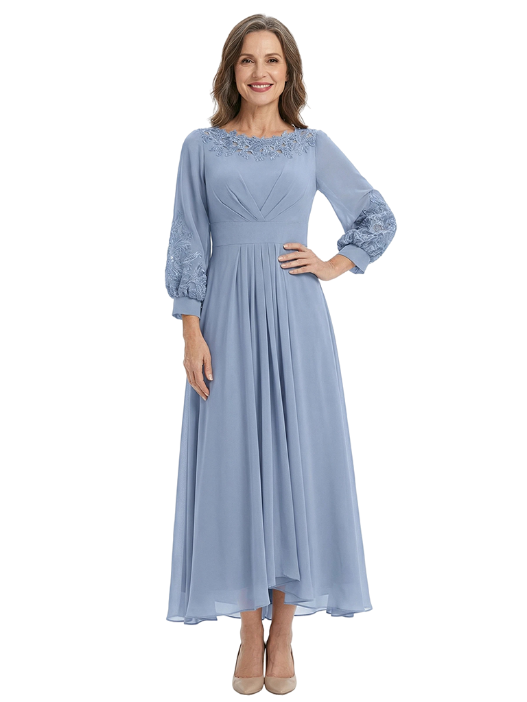 ChicSew Bateau Neck 3/4 Sleeve Lace Applique Pleated Chiffon Ankle Length Mother of the Bride Dress