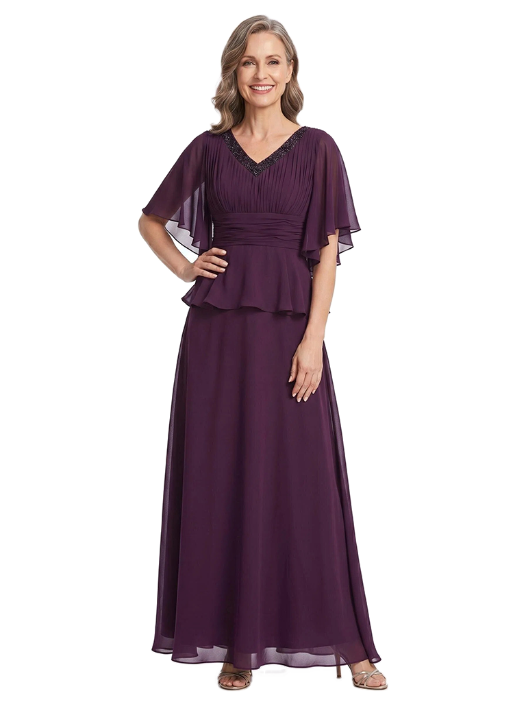 ChicSew V-Neck Flutter Sleeve Beaded Chiffon Floor Length A-Line Mother of the Bride Dress