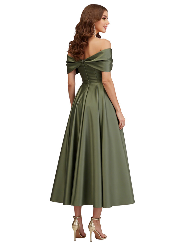 Elegant Off Shoulder Silky Satin A-line Ruched Long Formal Evening Dresses