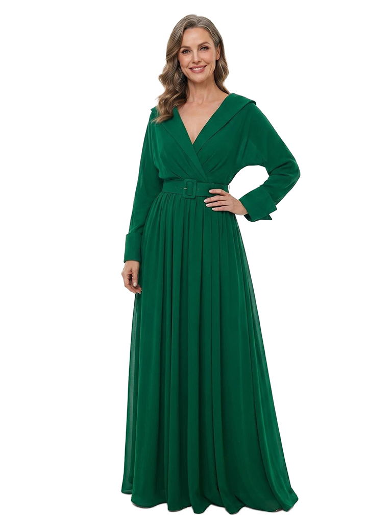 ChicSew Long Sleeves V-Neck Belted Chiffon A-Line Mother Of The Bride Dresses Classy Formal Gowns