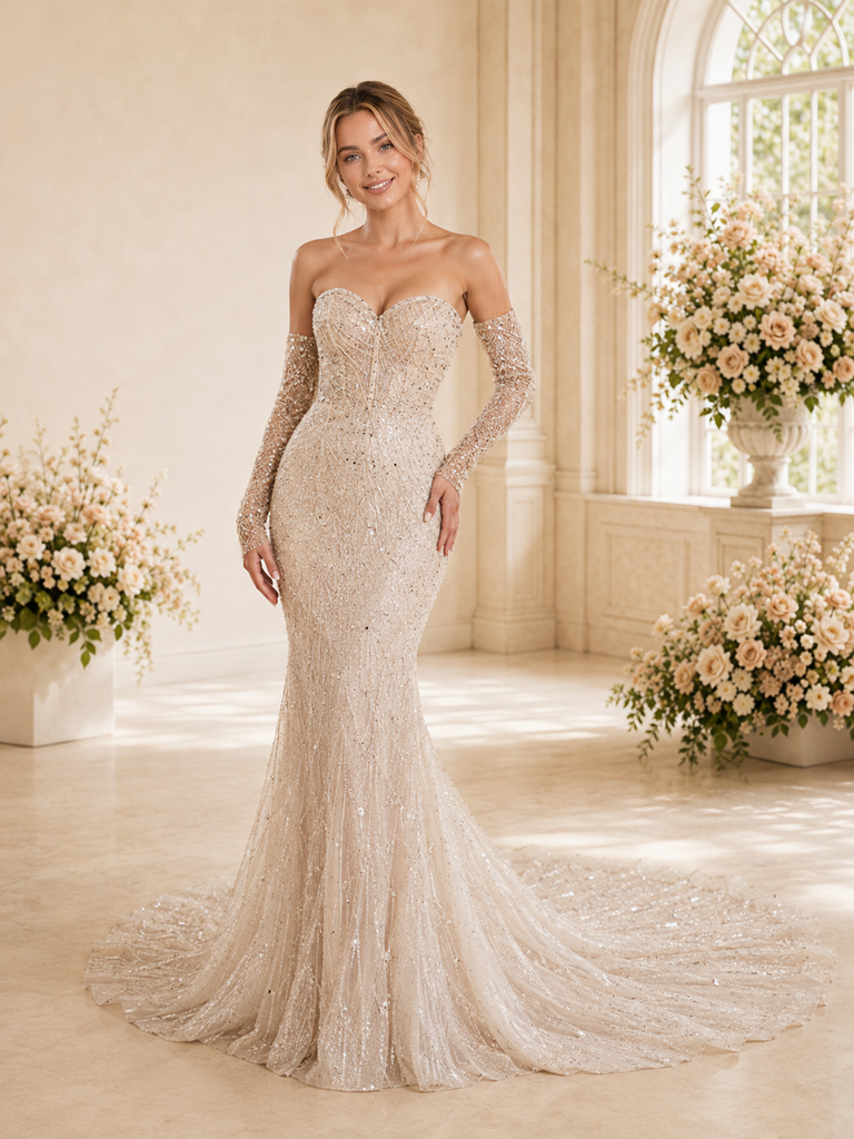 ChicSew Sexy Mermaid Lace Tulle Sweetheart Maxi Long Wedding Dress With Sequin