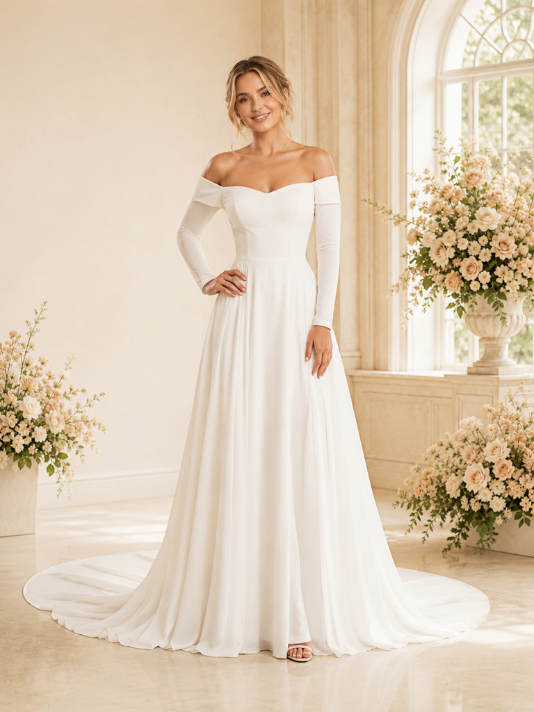 ChicSew Elegant Off The Shoulder Long Sleeves Crepe Chiffon A-Line Maxi Wedding Dress