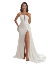 Sexy Spaghetti Strap Side Split Mermaid Boning Ruched Satin Long Bridesmaid Dresses