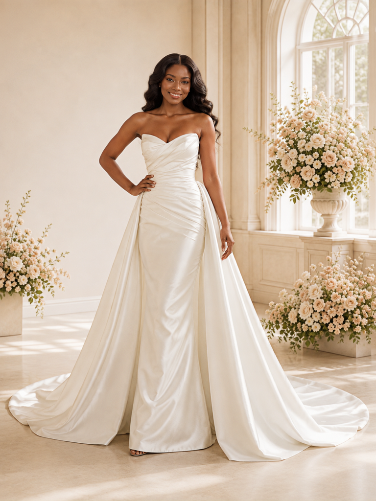 ChicSew Modern Strapless Sleeveless Ruching Satin Sheath Maxi Wedding Dress