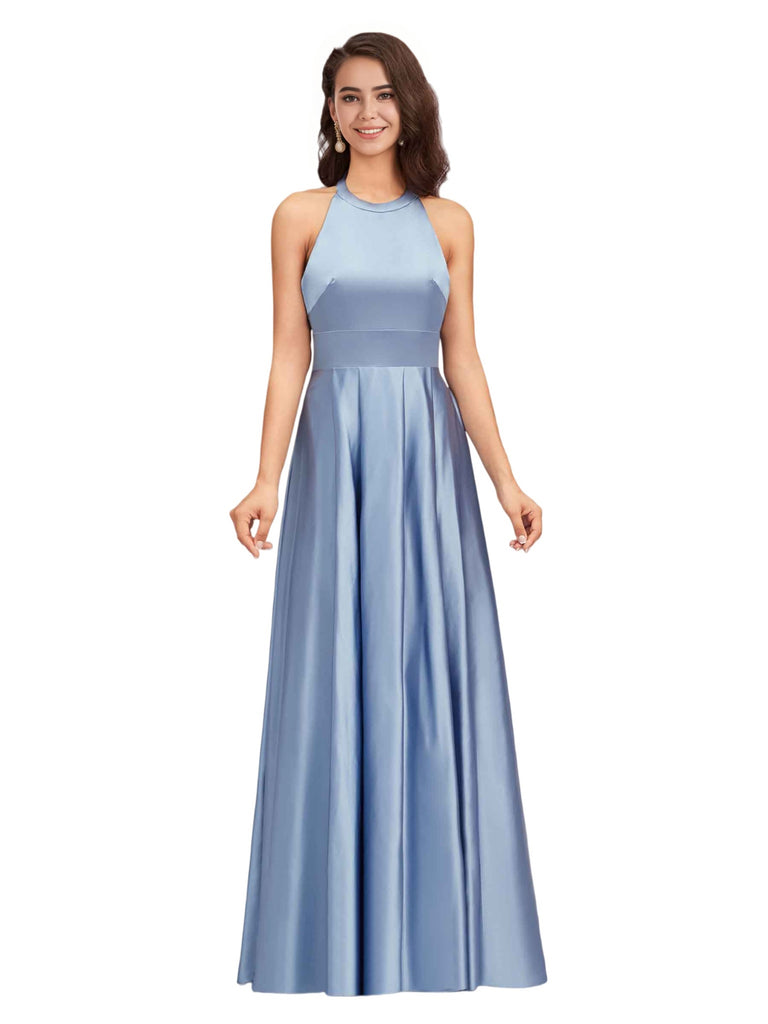 Elegant Halter Soft Satin A-Line Long Bridesmaid Dresses Online