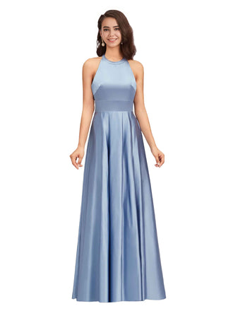 Elegant Halter Soft Satin A-Line Long Bridesmaid Dresses Online