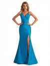 Sexy V-Neck Spaghetti Straps Mermaid Jersey Long Formal Dresses Side Slit