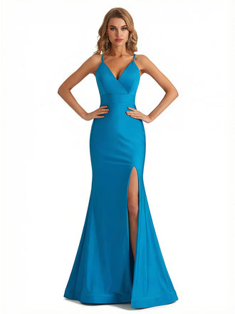 Sexy V-Neck Spaghetti Straps Mermaid Jersey Long Formal Dresses Side Slit