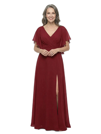 ChicSew V-Neck A-Line Chiffon Mother Of The Bride Dresses With Flutter Sleeves Side Slit Floor-Length