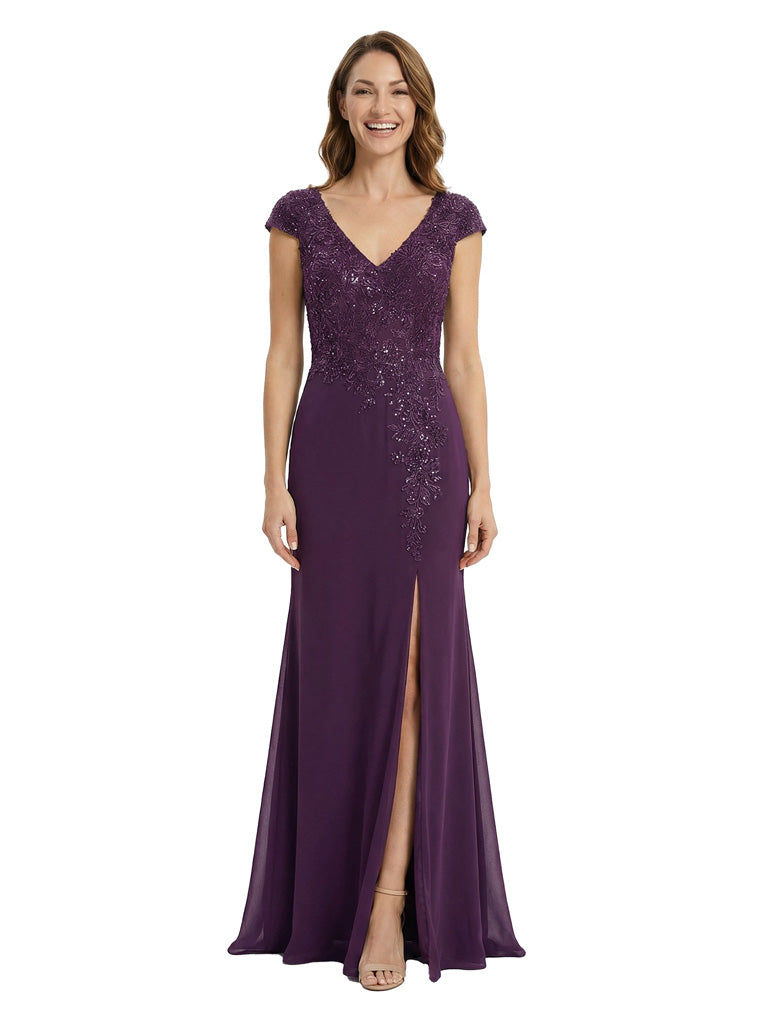 Chic Cap Sleeves Mermaid Lace Appliques Chiffon Mother Of The Bride Dress With Side Slit