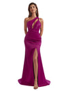 Gorgeous One Shoulder Mermaid Pleated Soft Satin Side Slit Long Bridesmaid Dresses
