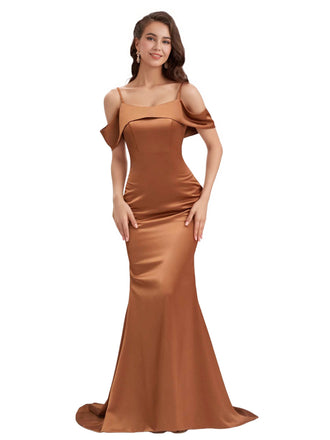 Sexy Cold Shoulder Soft Satin Mermaid Long Bridesmaid Dresses Online