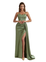 Elegant Silky Satin Side Slit Long Bridesmaid Dresses Online Mermaid Spaghetti Straps