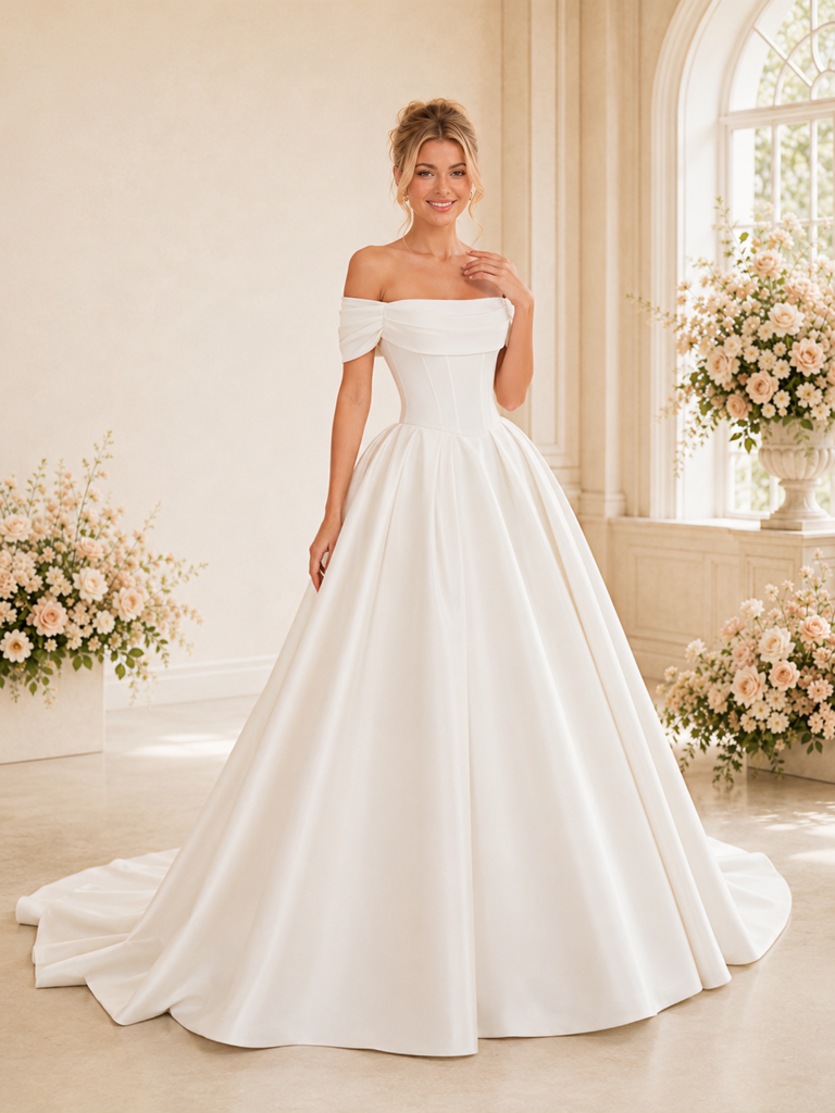 ChicSew Fancy Satin A-Line Off The Shoulder Boning Floor-Length Wedding Dresses