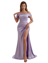 Elegant Off The Shoulder Split Mermaid Ruched Satin Women's Long Bridesmaid Dresses