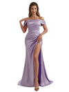 Elegant Off The Shoulder Split Mermaid Ruched Satin Women's Long Bridesmaid Dresses