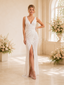 ChicSew Elegant V-Neck Mermaid Floor-Length Glitter Tulle Side Slit Long Wedding Dress
